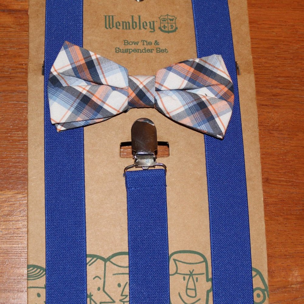 Wembley Bow Tie & Suspender Set Blue Plaid